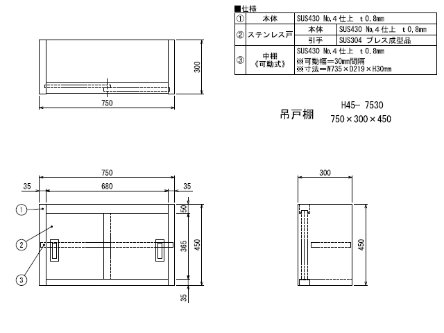 シンコー】業務用 ステンレス吊戸棚 H45-7530 W750xD300xH450mm MDS01 【業務用 房機器販売】