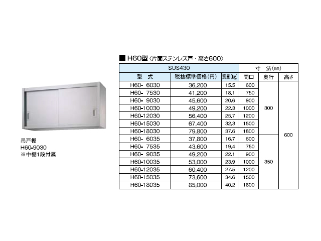 【シンコー】業務用 ステンレス吊戸棚 H60-12030 W1200xD300xH600mm