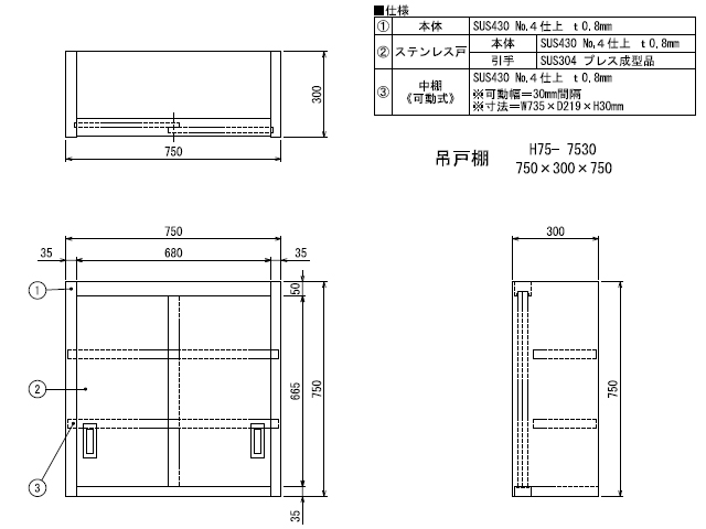 シンコー】業務用 ステンレス吊戸棚 H75-7530 W750xD300xH750mm MDS01 【業務用 房機器販売】