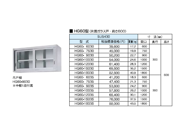 【シンコー】業務用 ガラス吊戸棚 HG60-10035 W1000xD350xH600mm